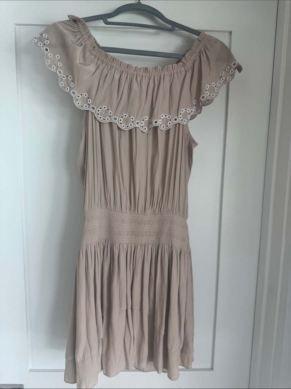 Ramy Brook-Off-Shoulder Beige Ruffle Dress with Eyelet Trim